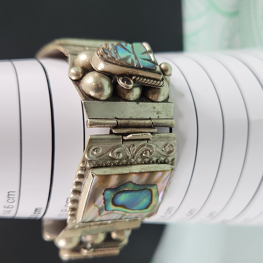 Vintage Taxco Mexico Sterling Panel Bracelet Abalone Mother of Pearl MOP - Picture 10 of 12